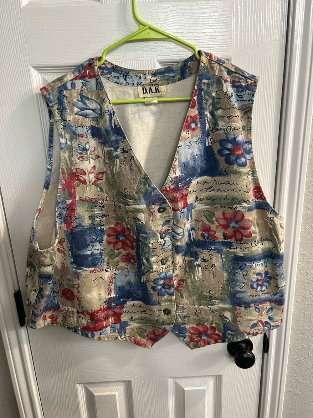 vintage D.A.K. denim vest with floral print multicolor pattern size 3X